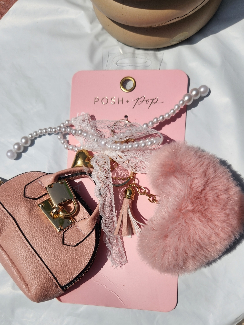 POSH + POP Pink Heart Pom-Pom W Handbag Charm, Pearls/Lace & Gold Heart Keychain